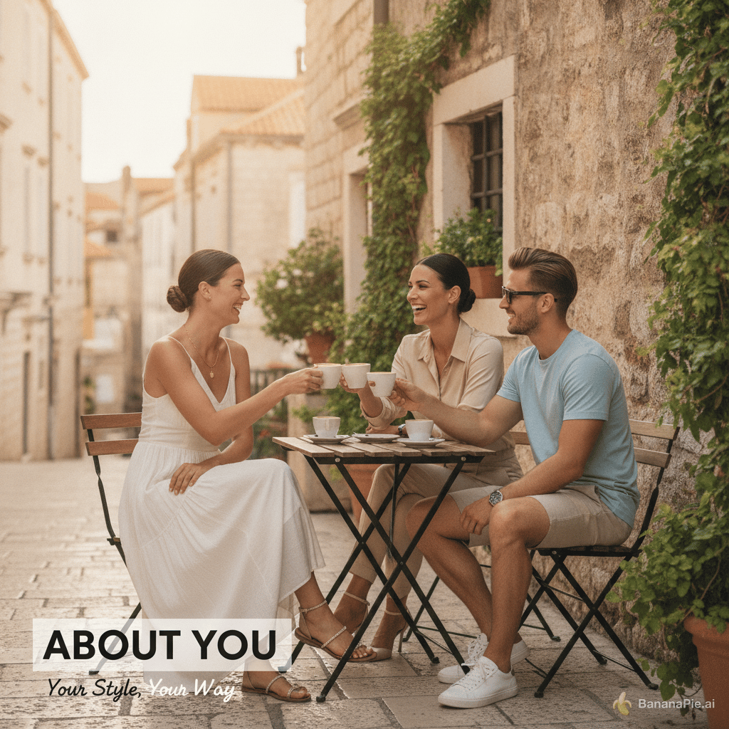 create story board and visual reference for a 60 second spec ad for 'About You' Croatia platform. 3 characters, Split city. Highlist products like sunglasses, watch, jewellery, Clothing and shoes.