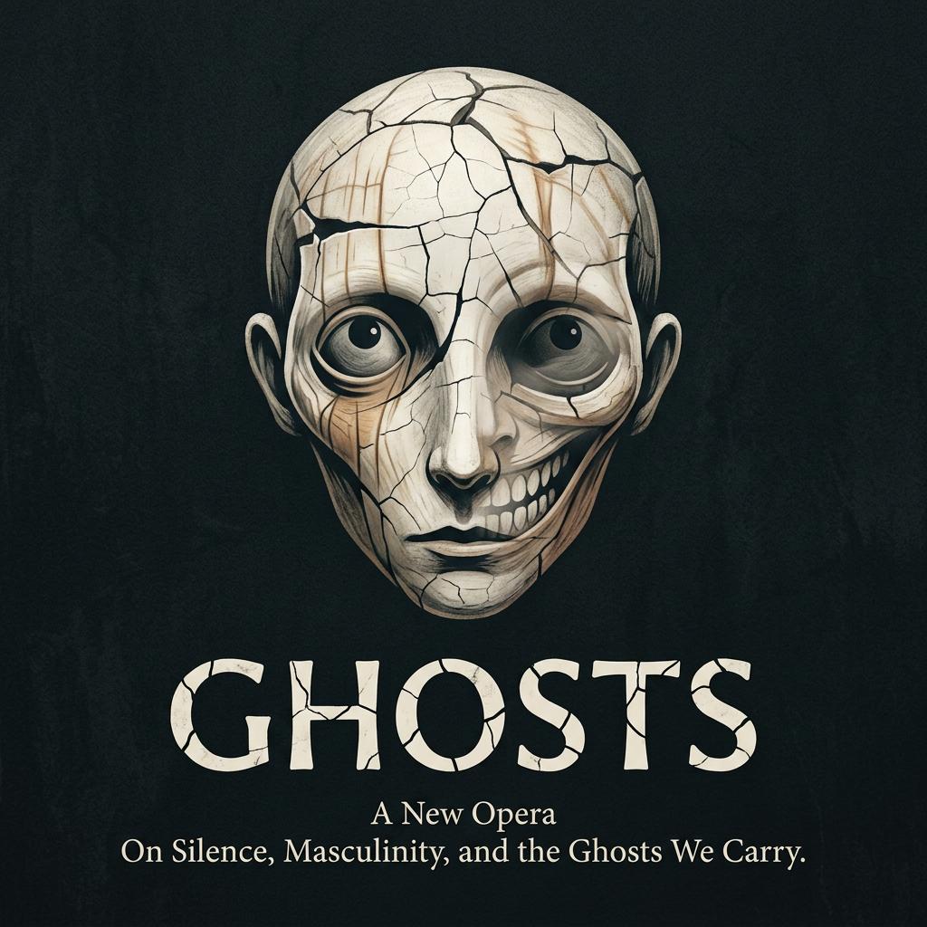 Crea un logo con el título "Ghosts" para la identidad visual de una ópera  con esta sinopsis "In a world not unlike our own, where silence has long been mistaken for strength, men begin to arrive—one by one—at a therapist’s room, drawn by a quiet unrest they can no longer ignore. Each sits on the couch alone: hesitant, resistant, unprepared. But the moment they begin to speak, something shifts. The room fills with presences: ghosts of fathers and sons, of unspoken fears, inherited wounds, and lives half-lived. Each fear, each fracture, each fragile truth takes shape as an abstract apparition—ghosts rendered into shifting forms, elusive and uncanny, as if conjured from the mind itself.  What was meant to be a space of healing becomes a stage where the invisible is made visible, where the past sings, and refuses to be silenced.
As each man confronts what he has buried, the line between memory and reality dissolves. And in this fragile, utopian act—men daring to feel—an unexpected question emerges: What might change, if they truly listened to their ghosts?" basada en los personajes virtuales representados en la estética, el concepto, el simbolismo, los colores y las texturas de la imagen de referencia que representa varios estereotipos psicològicos masculinos.