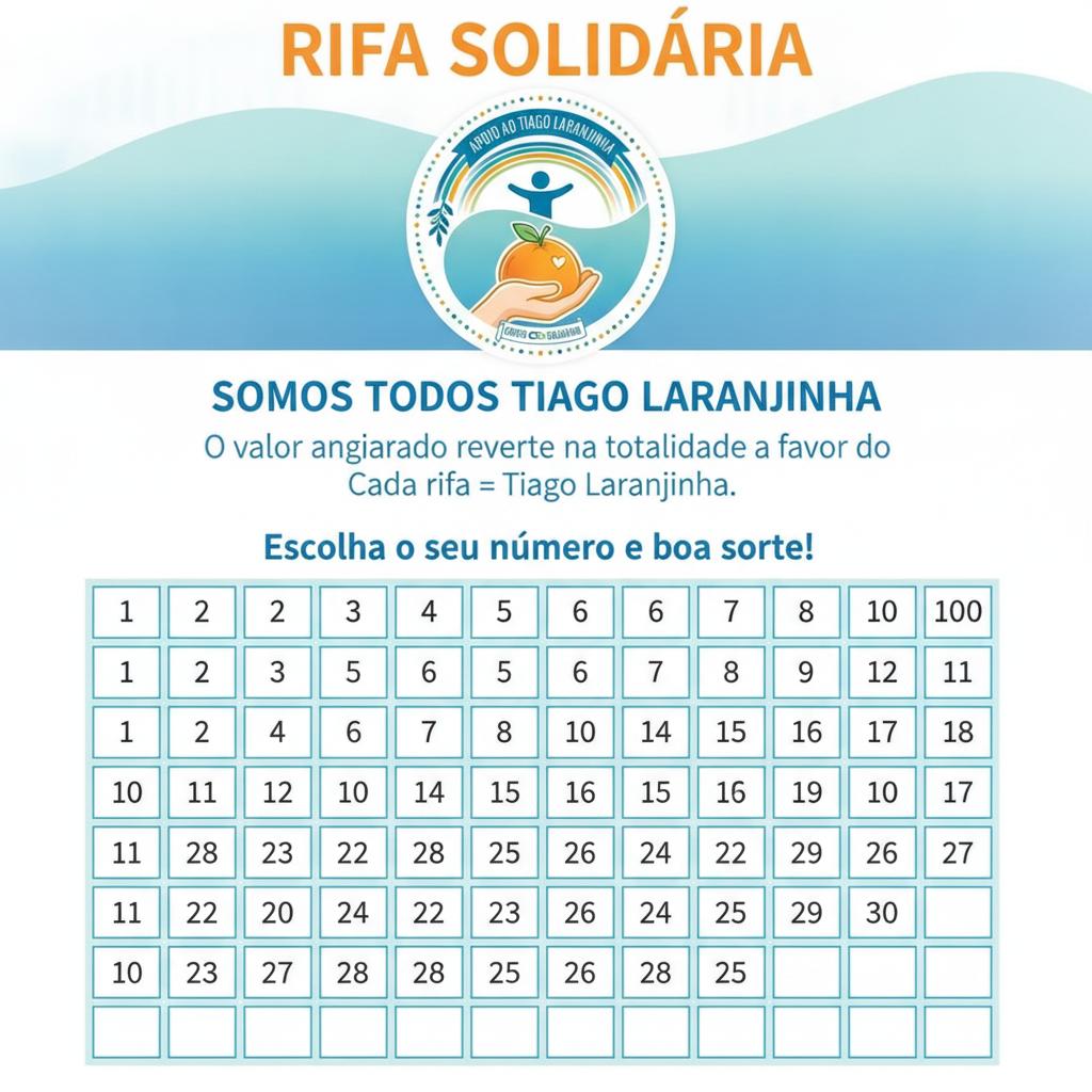 criar um flyer onde no cabeçalho refira em letra maior Rifa Solidária, depois colocar por baixo a imagem enviada e escrever SOMOS TODOS TIAGO LARANJINHA. Por baixo desta imagem referir que o valor angariado reverte na totalidade a favor do Tiago Laranjinha. Deve conter também a informação de que cada rifa tem o valor de 1 laranjinha. Colocar também a frase - Escolha o seu número e boa sorte! Elaborar uma grelha com quadrados iguais e numerados de 1 a 100