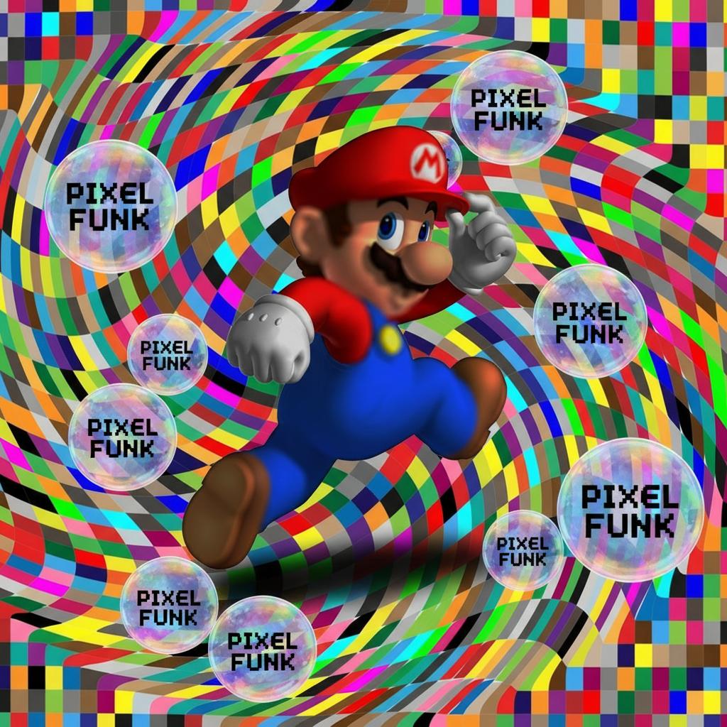 merge them with mario in the midel and around him in rainbow buble righting say pixel funk