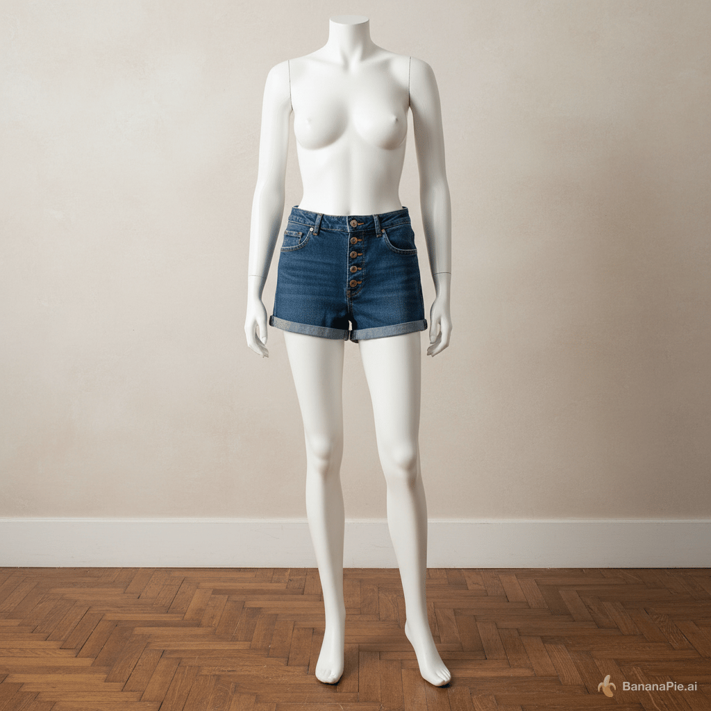 quiero que pongas este pantalon en un maniqui con un fondo de una pared beige y un suelo de parqué antiguo