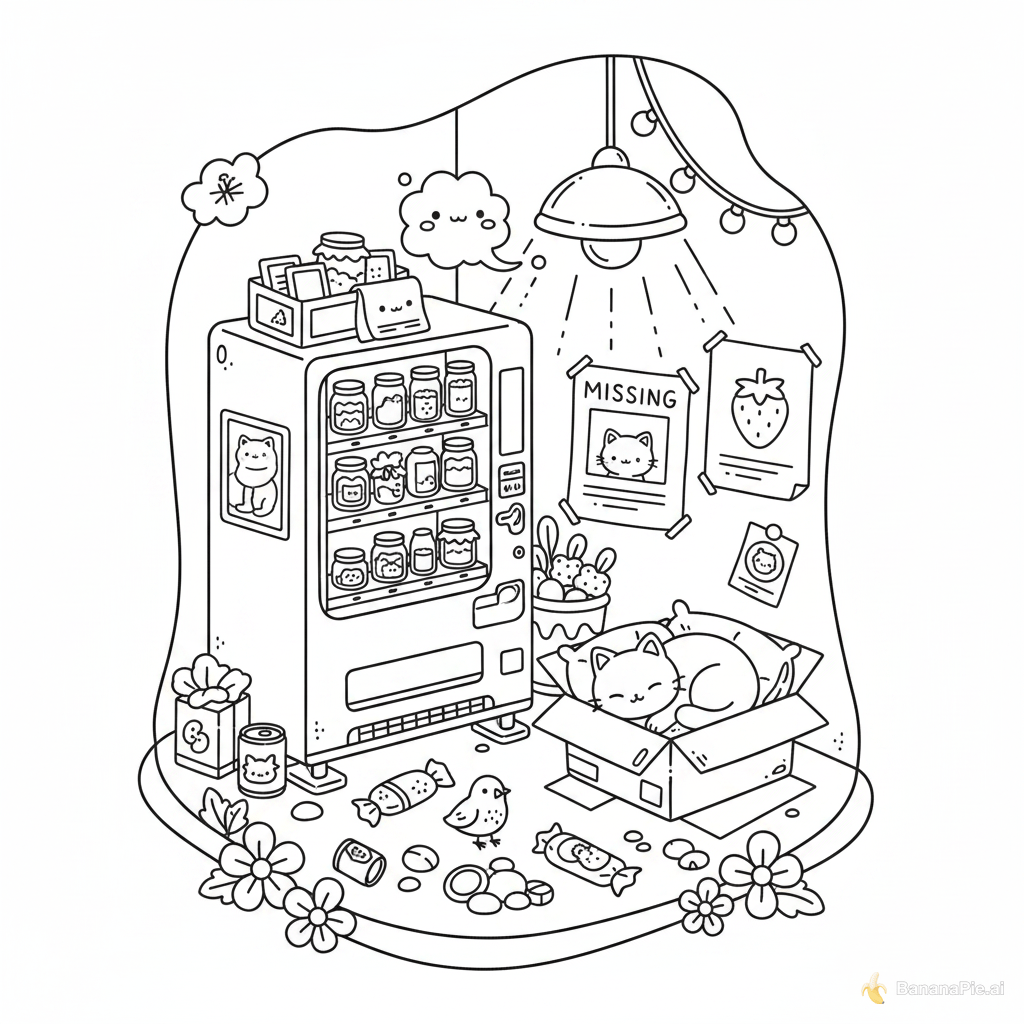 Ilustração de página de colorir em estilo kawaii/chibi, arte em preto e branco apenas com contornos (line art), sem preenchimento de cor, linhas limpas e uniformes estilo 'coloring book'.

Composição: uma cena aconchegante e desordenada de 'beco/canto de rua fofo', mostrando uma máquina de vending machine estilizada com prateleiras de potes e itens dentro, uma luminária pendurada com fio de luzes decorativas, uma pequena nuvem de fumaça/vapor com carinha fofa saindo de cima, uma caixa de papelão aberta com um gatinho fofo espiando de dentro, outro gatinho enrolado dormindo em cima de um travesseiro/almofada, um cartaz de 'MISSING' (desaparecido) com foto de gatinho, um pôster com morango fofo, flores decorativas nos cantos inferiores, um passarinho pequeno no chão, e alguns objetos espalhados (latas, pedras, embrulhos).

Estilo: desenho estilo doodle kawaii coreano/japonês, traços arredondados e fofos, sem sombreamento, fundo branco, tudo em preto sobre branco (apenas contornos, pronto para colorir), nível de detalhe moderado com elementos decorativos pequenos espalhados pela cena, composição centralizada dentro de uma página, com bordas orgânicas irregulares.

Formato: ilustração para livro de colorir infantil/adulto, alta resolução, proporção vertical (retrato)."

Quer que eu ajuste algum detalhe (por exemplo, trocar o tema dos gatinhos por outro animal, ou simplificar a cena)?