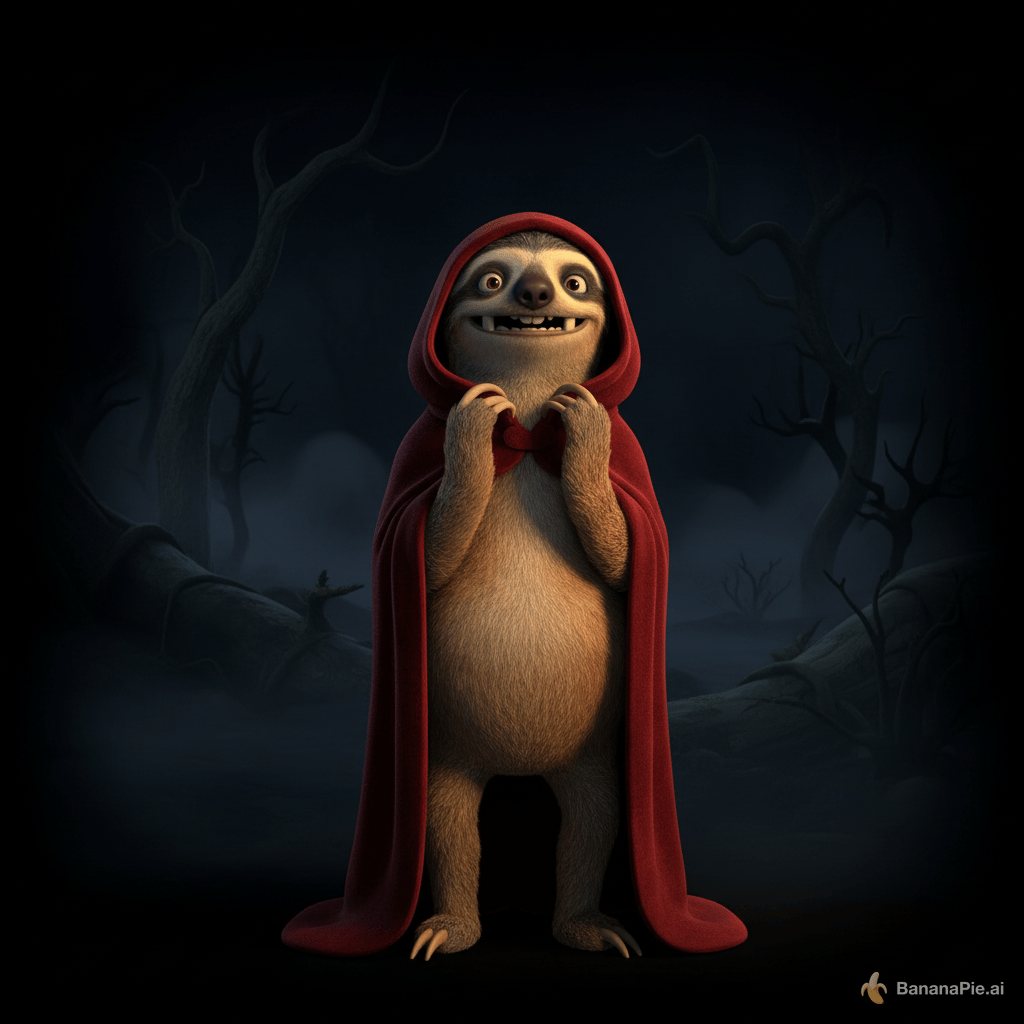sid the sloth in a red hood with dark background
