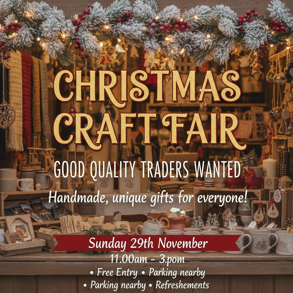 Christmas Craft Fare Good quality traders wanted. Handmade, unique gifts for everyone, Sunday 29th November. 11.00am - 3.00pm. Free Entry Parking nearby, Refreshments