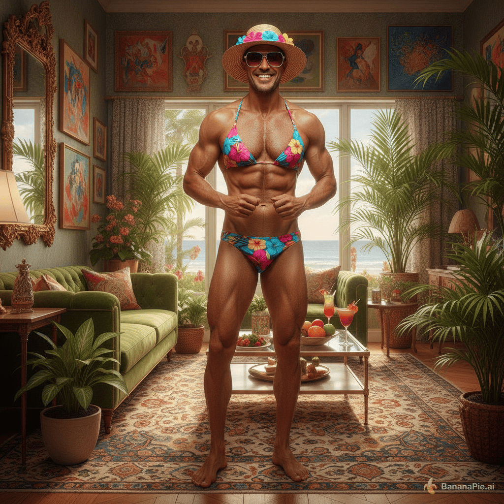 Generate man in bikini in room full body