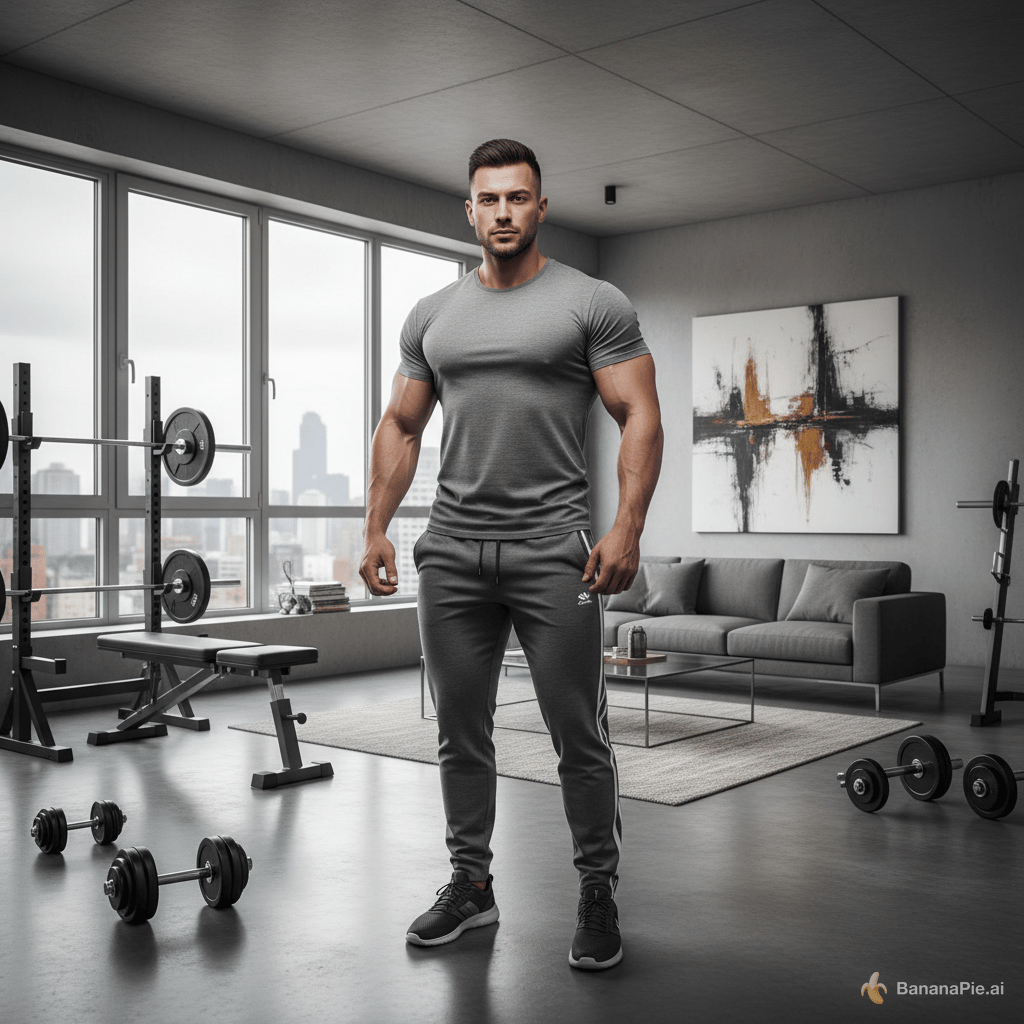 Generate man in v trenirkach in room full body