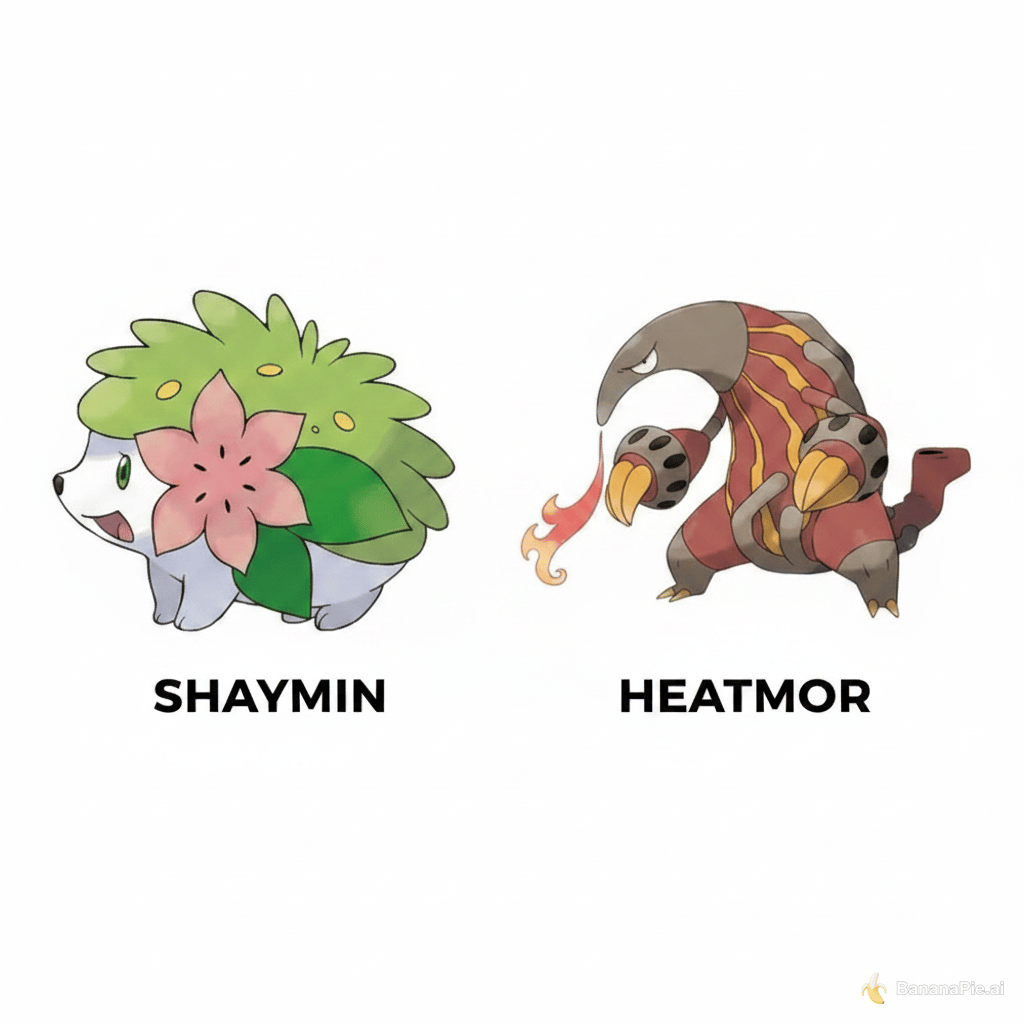Shaymin en Heatmor naast elkaar met hun namen onder hun afbeelding. Niet de pokemon zelf genereren. Gebruik de officiele artwork van de Pokemon