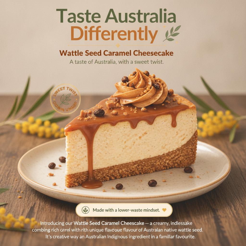 Can you make this Instagram post more realistic and add atleast 1 sentance from each of the catagories below
Wattle Seed Caramel Cheesecake
🌿✨ A taste of Australia, with a sweet twist. ✨🌿
Introducing our Wattle Seed Caramel Cheesecake — a creamy, indulgent cheesecake combining rich caramel with the unique flavour of Australian native wattle seed.
🍰 Why you'll love it:
• Creamy, smooth cheesecake filling
• Rich caramel sauce
• Crunchy caramel pieces for texture
• Native wattle seed for a distinctive Australian flavour
• Finished with an eye-catching, handmade presentation
🌱 Made with sustainability in mind:
Our campaign celebrates Australian native ingredients and encourages the use of locally sourced wattle seed where available. Sustainable or minimal packaging can also be used to reduce unnecessary waste.
💛 Why buy it?
It's more than just dessert — it's a creative way to experience an Australian Indigenous ingredient in a familiar favourite. Perfect for anyone who loves trying something new, supporting native Australian ingredients and enjoying a delicious dessert.
Try a slice. Taste something uniquely Australian. 🇦🇺🌿
#WattleSeed #WattleSeedCheesecake #AustralianNativeFoods #CaramelCheesecake #IndigenousIngredients #AustralianFood #Dessert #SustainableFood
🎯 Target audience
Teenagers and young adults (15–25) who enjoy trying new foods, visually appealing desserts and Australian-inspired products.
📸 Visual direction for your design
Your drawing can be the main image of the Instagram post. I’d place the cheesecake in the centre, with the wattle-seed/caramel pieces clearly visible. Add a short headline over the image such as:
“Taste Australia Differently 🌿”
Then put “Wattle Seed Caramel Cheesecake” underneath in a bold font.
One thing to check for your assessment: only describe the packaging or wattle seed as sustainably sourced/local if that is actually true for your recipe/product. The PDF requires a sustainable feature, but it doesn't specify what your particular sustainable feature must be.