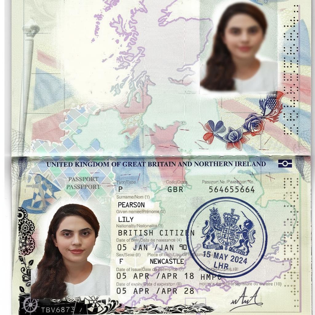 Put the seal of the UK immigration on the second page
Blur the first person's photo at the top of first page