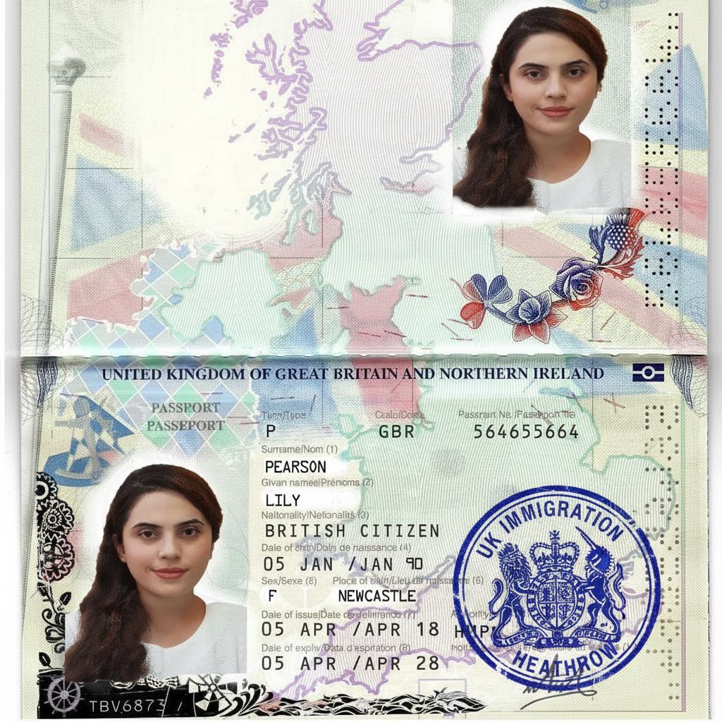 Put the seal of the UK immigration on the second page 
Blur the first person's photo at the top of first page with the date 15 May 2030