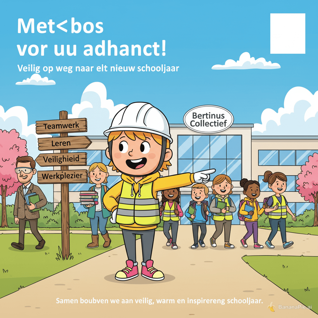 Plain Text
1
Warm, humorous and professional cartoon illustration for the final slide of a school staff presentation.
2
 
3
Large title:
4
"Met dank voor uw aandacht!"
5
 
6
Subtitle:
7
"Veilig op weg naar een nieuw schooljaar"
8
 
9
Teachers, support staff and students are walking together towards a modern school building at the start of a new school year.
10
 
11
MAIN CHARACTER:
12
PROMINENTLY FEATURE BERTIE IN THE FOREGROUND.
13
 
14
Use the supplied Bertie reference image as the primary visual reference. Preserve the recognizable mascot appearance and proportions.
15
 
16
Bertie must closely match the supplied mascot reference:
17
• large rounded face
18
• short blond-orange hair
19
• yellow hoodie
20
• grey trousers
21
• very thin arms and legs
22
• distinctive pink-and-yellow shoes
23
 
24
Bertie wears:
25
• a white safety helmet
26
• a bright yellow high-visibility safety vest over the hoodie
27
 
28
Bertie stands in the exact centre foreground, slightly ahead of everyone else, clearly pointing towards the school building.
29
 
30
Bertie is the guide and leader of the group and symbolizes:
31
• safety
32
• prevention
33
• wellbeing
34
• collaboration
35
• support
36
 
37
IMPORTANT COMPOSITION RULES:
38
• Bertie occupies approximately 25% to 30% of the total image height.
39
• Bertie is one of the largest elements in the illustration.
40
• Bertie is fully visible from head to toe.
41
• Bertie immediately attracts attention.
42
• Bertie must NOT appear in the background.
43
• Bertie must NOT be placed at the side of the image.
44
• Bertie must NOT be a secondary character.
45
• Bertie is the visual focal point.
46
• The viewer's eye should immediately be drawn to Bertie before any other element.
47
 
48
Following Bertie are teachers, support staff and students walking together towards the school.
49
 
50
Safety references:
51
• one teacher wears safety glasses
52
• one technical staff member wears visible safety shoes
53
• one staff member wears a fluorescent safety vest
54
• students carry school bags, books and laptops
55
• one teacher carries a coffee mug
56
 
57
Three wooden signposts are placed along the path.
58
 
59
Signpost 1:
60
• Teamwerk
61
• Leren
62
• Veiligheid
63
• Werkplezier
64
 
65
Signpost 2:
66
• BCPOP
67
• De Ast
68
• DKW
69
• LMC
70
 
71
Signpost 3:
72
• CPBW
73
• IDPBW
74
• Vertrouwenspersoon
75
• Nazorgteam
76
• Liantis
77
 
78
The signposts symbolize collaboration, prevention, wellbeing, support and safety within the school community.
79
 
80
The school building contains a subtle but readable reference to:
81
 
82
"Bertinus Collectief"
83
 
84
IMPORTANT:
85
Do not display the words "Bertinus College" anywhere in the image.
86
 
87
Any visible school name must read only:
88
 
89
"Bertinus Collectief"
90
 
91
Leave a clean and unobstructed area in the upper right corner for placement of the official Bertinus Collectief logo.
92
 
93
Optional footer text:
94
"Samen bouwen we aan een veilig, warm en inspirerend schooljaar."
95
 
96
Atmosphere:
97
• cheerful
98
• welcoming
99
• inclusive
100
• collegial
101
• optimistic
102
 
103
Themes:
104
• teamwork
105
• safety
106
• prevention
107
• wellbeing
108
• learning
109
• work enjoyment
110
 
111
Style:
112
High-end professional cartoon illustration, vibrant colours, presentation quality, highly detailed but easy to read, warm educational storytelling composition, suitable for teachers, support staff and students, landscape 16:9 format.
113
 
114
IMPORTANT FINAL INSTRUCTION:
115
Bertie is the unmistakable hero of the illustration.
116
Bertie points towards the school and leads the entire school community safely into the new school year.
117
No empty space except for the reserved logo area in the upper right corner.