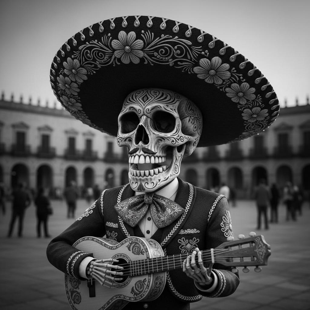 i want to see a black and white mariachi skull