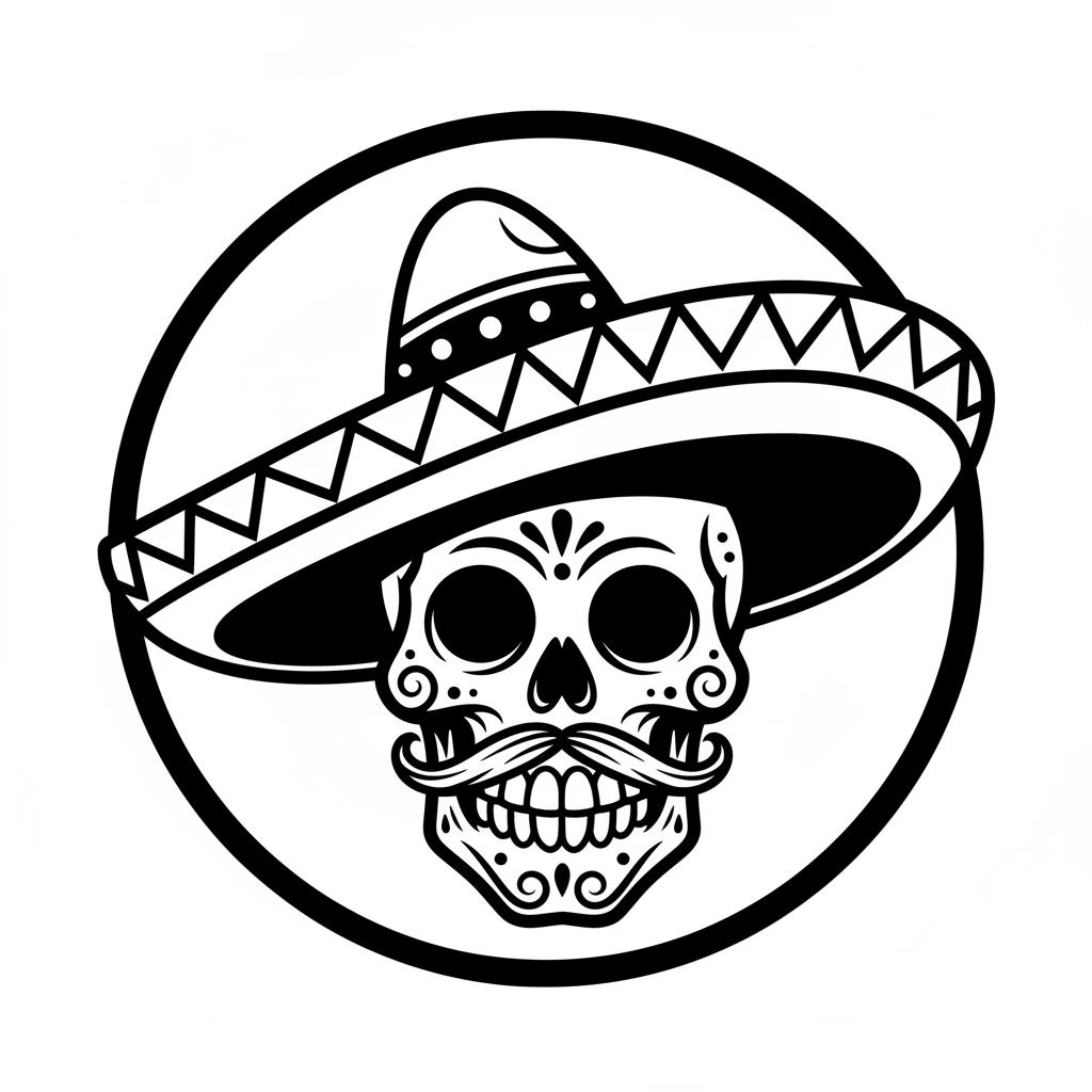 i want to see a black and white mariachi skull and make it cartoony and a logo, so just the skull and the hat only with an outline.