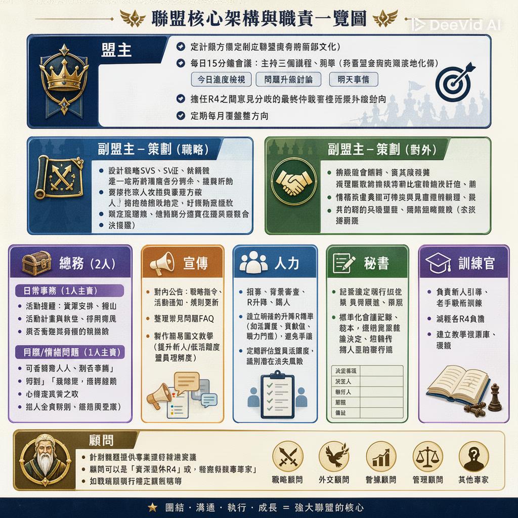 請整理一圖給我,每職位只能有一個icon做代表,不要列出文章沒有的文字和內容。效果請參考第一次的結果。
盟主
- 定位與方向:制定聯盟中長期發展目標(賽季目標、內部文化)
- 每日15分鐘會議:主持三個議程(今日進度檢視、問題升級討論、明天事情)
- 擔任R4之間意見分歧的最終仲裁者,定期每月覆盤整體表現,調整戰略方向
副盟主-策劃(戰略)
- 設計戰略:包括SVS、遠征、聯盟對決等所有比賽活動的打法與資源分配
- 與總務、宣傳配合,確保戰略能落地執行並清楚傳達給各隊員
- 制定英雄培養/升級優先順序建議,賽前戰報分析、賽後覆盤總結
副盟主-策劃(對外)
- 外交事務:與其他盟談判、結盟、處理跨盟衝突
- 情報收集(敵盟戰力、動向),代表盟參與跨服協調
總務(2人)
- 內部協調:處理盟內糾紛、同服搶劫問題、心理輔導
- 可考慮一人主責「日常事務」,如活動提醒、資源安排、是否衝分數等。另一人主責「人際/情緒問題」,衝突調解。
宣傳
- 對內公告:戰略指令、活動通知、規則更新
- 整理常見問題FAQ,製作簡易圖文教學(提升新人/低活躍度盟員理解度)
人力
- 招募、背景審查、R升降、踢人
- 設立明確的升降R標準(如活躍度、貢獻值、戰力門檻),避免爭議,定期評估盟員活躍度,識別潛在流失風險
秘書
- 記錄決定,好讓R4跟進
- 標準化會議記錄範本,例如誰決定、誰執行、期限
訓練官
-負責新人引導、老手戰術訓練,減輕各R4負擔
顧問
- 針對難題提供專業建議
- 顧問可以是「資深退休R4」或「特定領域專家」,如戰略顧問、外交顧問等等