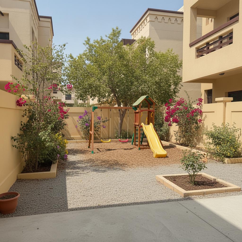 Keep the wall color and design a backyard with kids playground and a few spots to plant trees and flowers