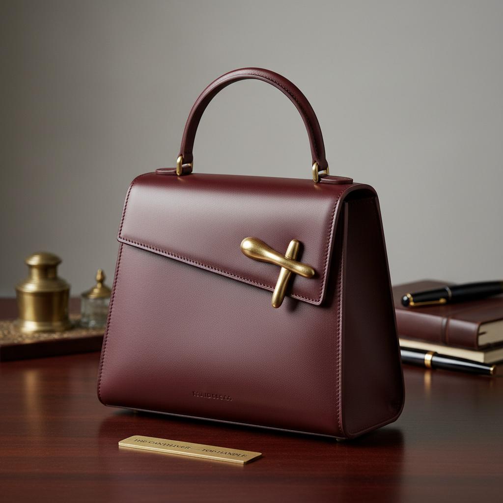 Hi i am setting up a new leather bags company - leveraging of the master who is supporting Hermes’ so he will be of great high quality and cfratmanship. The company is The Guild Bag Co and i will be selling from the website. Can you help to render a few high end bags with this “ The Cantilever — Top-Handle
An off-center flap, held by one sculpted brass pin — nothing about the Cantilever sits where you’d expect, and that’s the point. Box calf leather in deep oxblood, structured enough to hold its line empty or full. A bag for a desk, not a duffel bag day.”