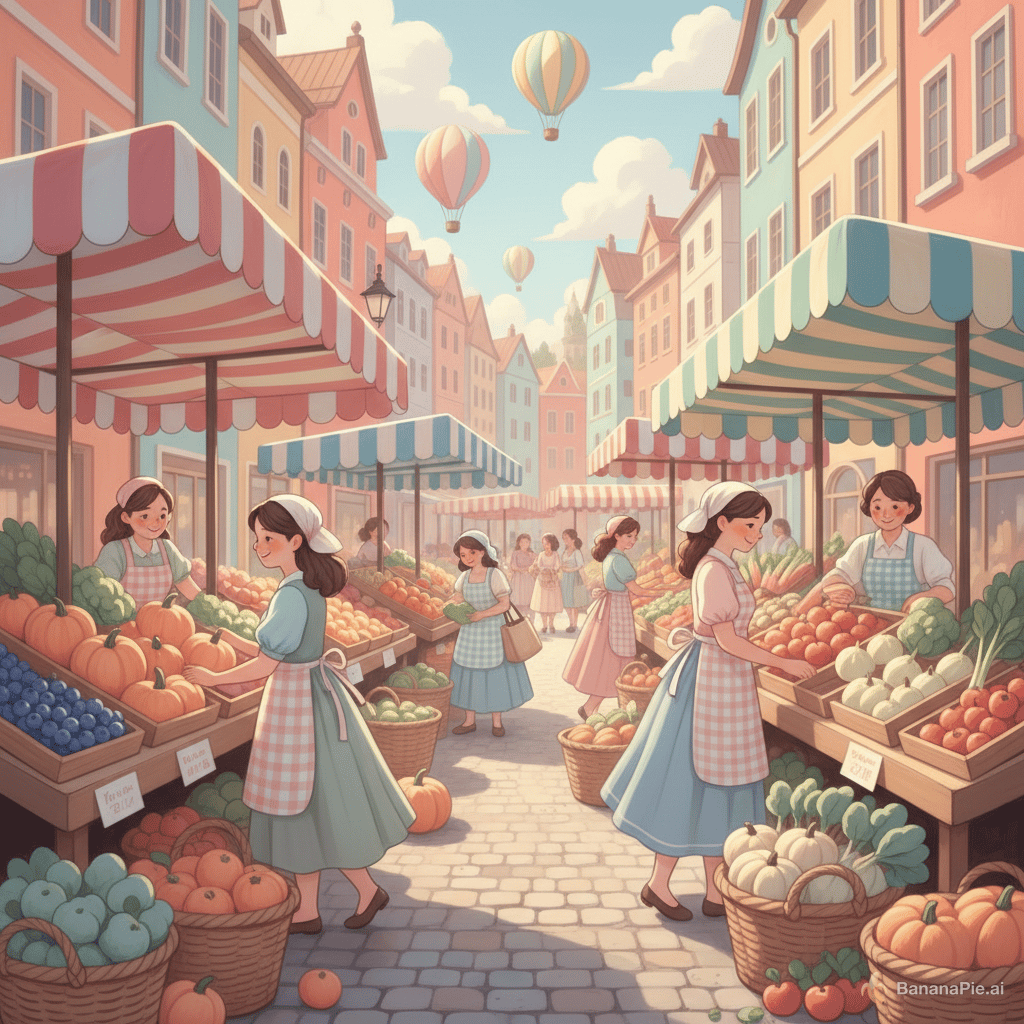 crea un immagine di un mercato ortifrutticolo usando colori pastello