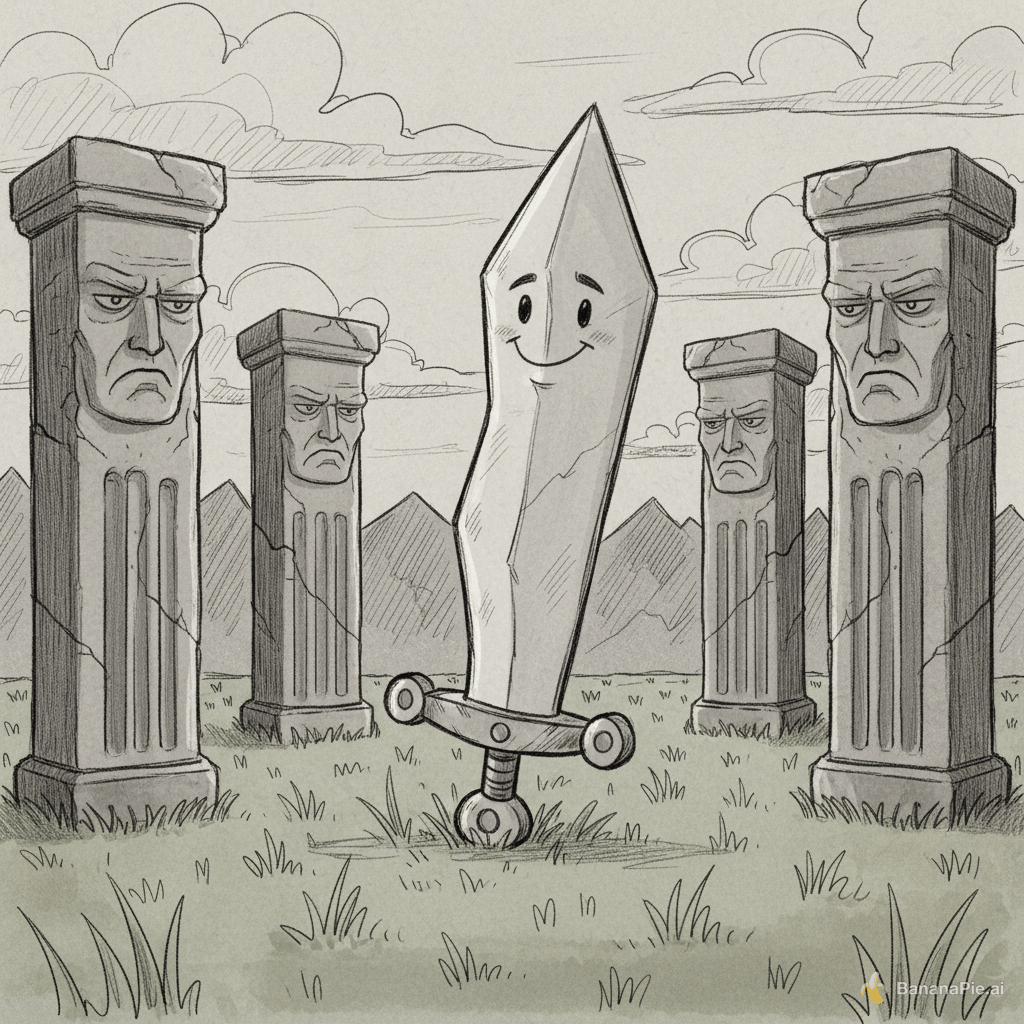 a cartoonish sword surrounded by serious pillars on grass all should be sketch style