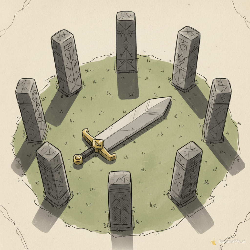a cartoonish sword surrounded by serious pillars on grass all should be sketch style, no faces and the camera should be looking down from the sky at it