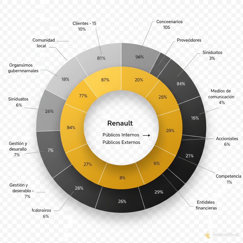 Crear una imagen de doble donut corporativo Renault con gradientes diferenciados por tipo de público.
Diseño general:
Fondo blanco o transparente, estilo limpio y moderno.
Sombras suaves y profundidad visual.
Etiquetas externas con líneas guía y porcentajes visibles.
Tipografía sans serif profesional.
Paleta corporativa Renault: amarillo, negro, gris oscuro y blanco.
Anillo interno – Públicos internos (gradiente de amarillos):
Empleados – 18%
Directivos – 8%
Gestión y desarrollo – 7%
Accionistas – 6%
Inversores – 6%
Anillo externo – Públicos externos (gradiente de grises y negro):
Clientes – 15%
Concesionarios – 10%
Proveedores – 8%
Organismos gubernamentales – 7%
Sindicatos – 6%
Consumidores – 4%
Medios de comunicación – 3%
Competencia – 1%
Comunidad local – 1%
Entidades financieras – 1%
Estilo visual:
Gradientes suaves para dar jerarquía y profundidad.
Líneas guía finas y precisas conectando etiquetas externas.
Diseño corporativo Renault, profesional y equilibrado.
Perspectiva plana o ligeramente 3D para realismo.