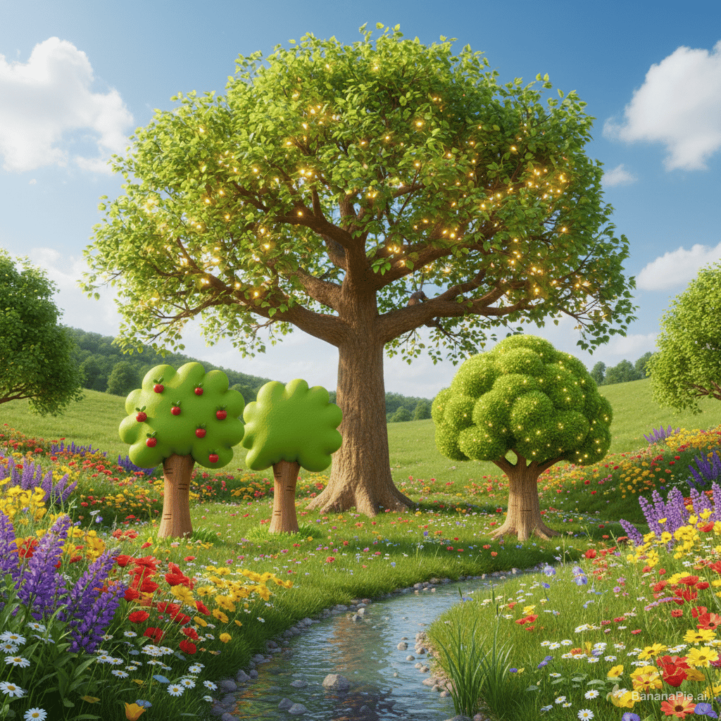 Crea un jardin  con todos estos arboles juntos, con flores alrededor,