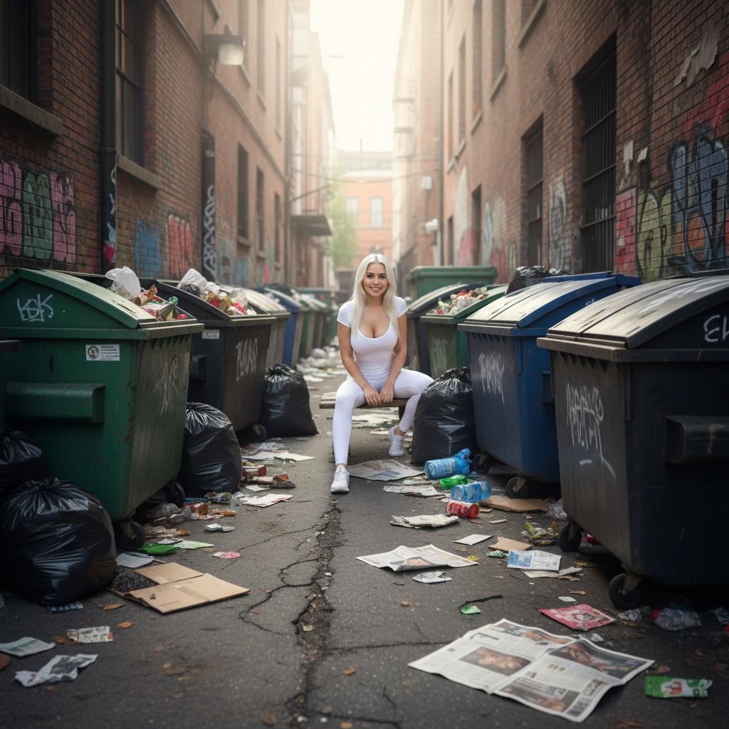 she is in an alley surrounded by garbage dumpsters