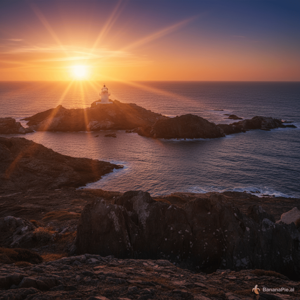 Integriere den Leuchtturm in das Bild mit dem Meer und füge eine Sonne mit Strahlen hinzu ähnlich wie bei einem Sonnenuntergang