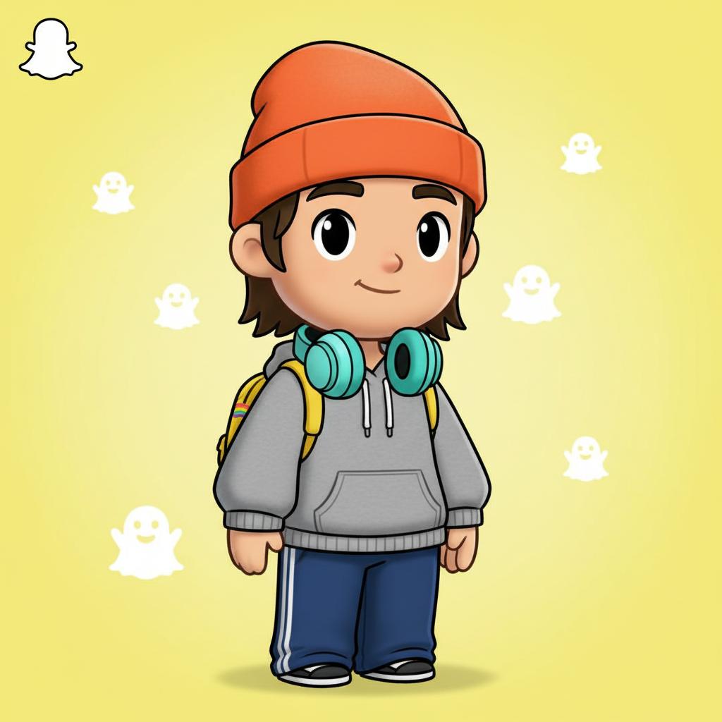 I'd go with a cool, comfy outfit and maybe some fun accessories like headphones or a bright hat. Can you make an avatar on Snapchat that matches this. Make the avatar and outfit on Snapchat please