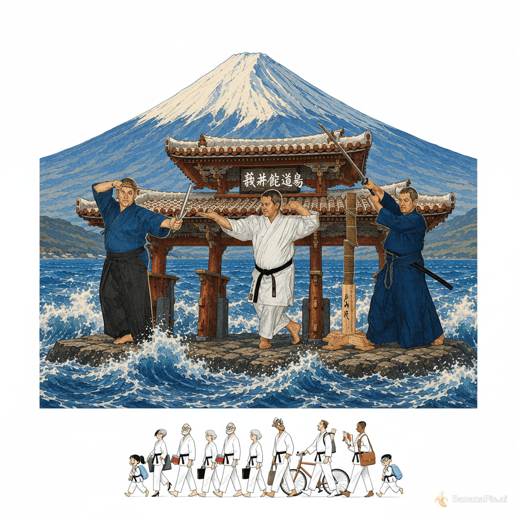Coge la primera imagen, cambia los kanjis por estos 義志館道場, en la fuente que consideres. Quita las tres imágenes: Kobudo, Karate, y Batto-Do, en su lugar coloca la otra imagen. Puedes hacerlo todo con el trazo de la segunda imagen?