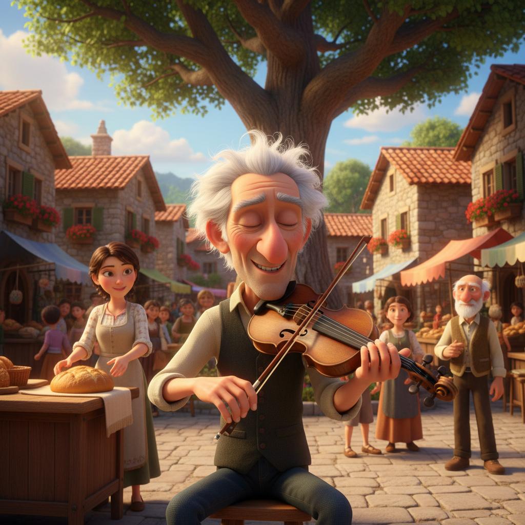 Mi crei un film cartoni animati 3d un uomo 70 anni che suona violino in paese sheze