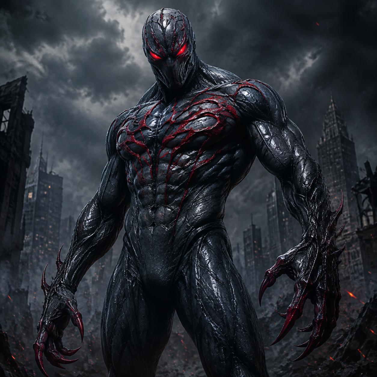 Talon è leggermente più snello di Venom, ma altrettanto imponente e intimidatorio. La sua tuta non è nera opaca, ma di un grigio scuro metallizzato e cangiante, simile all'ossidiana. Non ha il logo del ragno bianco; ha invece un disegno a forma di artiglio (da cui il nome) stilizzato e irregolare che va dalle spalle fino al petto, di un rosso cremisi scuro. La sua maschera non ha gli occhi grandi e bianchi come Venom, ma fessure sottili, allungate e rosse che brillano di luce propria. Ha una mascella robusta ma non una bocca piena di zanne aguzze, sebbene la Bestia possa far spuntare una filettatura di denti acuminati in battaglia. I suoi artigli sulle mani sono permanentemente allungati e rossi.