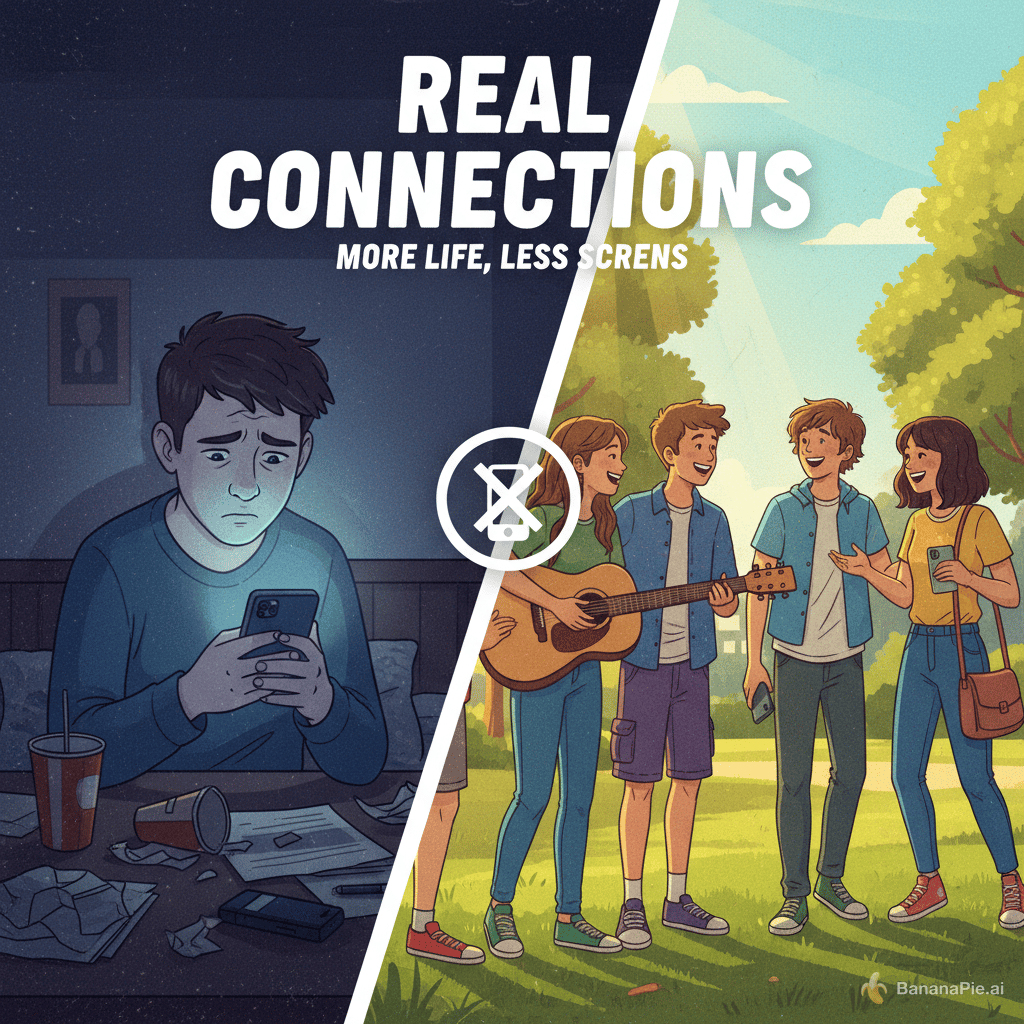 "A dramatic split-screen graphic illustration. On one side, a dark, moody room with a teenager looking stressed, illuminated only by the glow of a smartphone. On the other side, a bright, sunny outdoor scene with a group of happy teenagers hanging out and interacting face-to-face, with their phones put away. Modern, vibrant, youth campaign poster style."