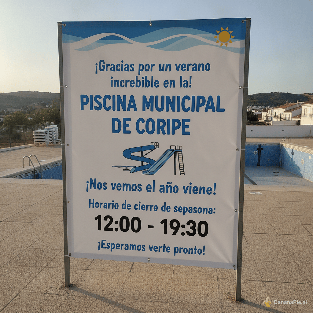 necesito un cartel para el cierre de temporada de una piscina municipal, no quiero que ponga entrada gratis ni nada de eso solo que es la piscina municipal de Coripe y que el horario es de 12:00 a 19:30
