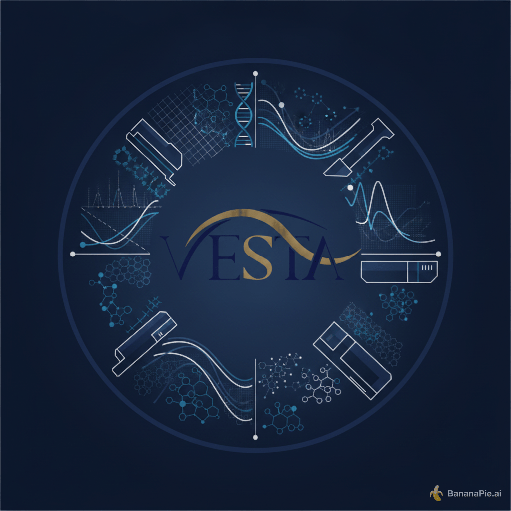 Create a distinctive premium profile image for the official **Vesta Diagnostics** channel, representing a professional company active in medical laboratory diagnostics, laboratory instruments, reagents and diagnostic technologies.

Build the composition around a sophisticated **circular diagnostic ecosystem**. Place the Vesta logo in the exact center as the visual anchor.

Around the logo, create a very subtle and elegant visual language representing the complete diagnostics workflow: laboratory analyzer technology, biochemical analysis, immunoassay, molecular diagnostics, reagent technology and laboratory data.

Use abstract representations rather than literal icons. Incorporate fine molecular structures, analytical curves, microscopic textures, precision grids and elegant instrument-inspired geometry.

The visual style should resemble the branding of a premium international **IVD / Medical Diagnostics company**.

Color palette: sophisticated navy and deep blue with clean white elements and restrained cool-blue highlights. High contrast, minimal visual noise, refined lighting and excellent negative space.

The result should feel:
**Scientific, Premium, Precise, Innovative, Trustworthy and Professional.**

No test tubes, no cartoon graphics, no generic medical cross, no human figures, no excessive symbols, no stock photography, no clutter.

Optimize specifically for a **small circular social media profile image**: strong central composition, recognizable silhouette, crisp details and excellent readability at thumbnail size.

1:1 square format, premium international corporate identity, modern IVD branding, sophisticated medical technology aesthetic, ultra high resolution.

Do not add any text other than the Vesta logo.