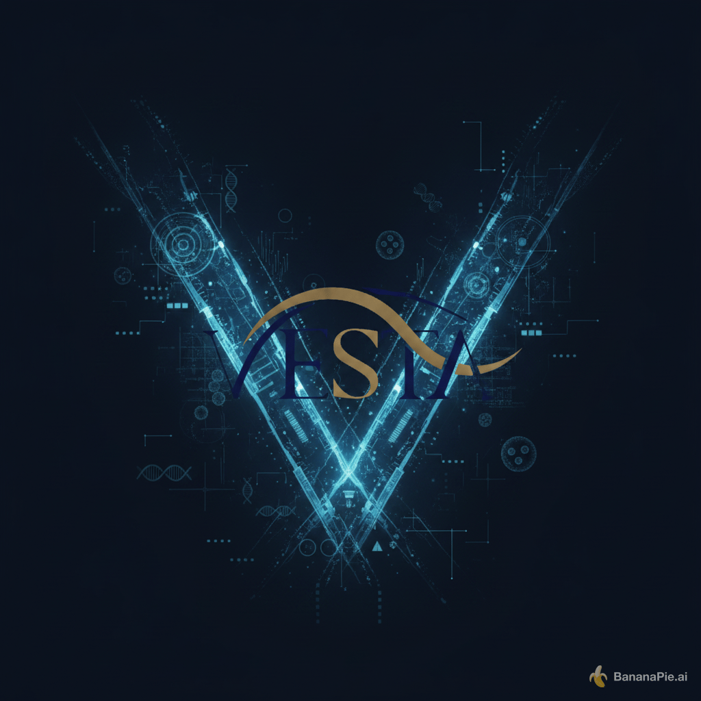 Design a cutting-edge, futuristic profile image for **Vesta**, a professional medical diagnostics and laboratory technology company.
Create a powerful **V-shaped visual concept** inspired by the Vesta brand identity, precision engineering, automated laboratory analyzers, molecular diagnostics and advanced biomedical technology.
The **Vesta logo must remain the primary focal point** in the center. Integrate subtle abstract technological elements around it: molecular networks, microscopic structures, digital diagnostic patterns, precision grids, data signals and elegant geometric lines inspired by automated laboratory analyzers.
Use a sophisticated **dark navy / deep blue background with luminous cool-blue and subtle cyan technological accents**, creating a premium high-tech atmosphere.
The design must look like the visual identity of a leading international medical technology company — sophisticated, precise, innovative and trustworthy.
Minimal composition, strong central focus, excellent contrast, clean geometry, controlled lighting, subtle 3D depth, no unnecessary objects, no stock-photo appearance, no cartoon style, no generic healthcare symbols.
The image must remain instantly recognizable when displayed as a small circular profile picture.
1:1 square composition, premium corporate branding, ultra-clean, high-end medical technology aesthetic, ultra-high resolution.