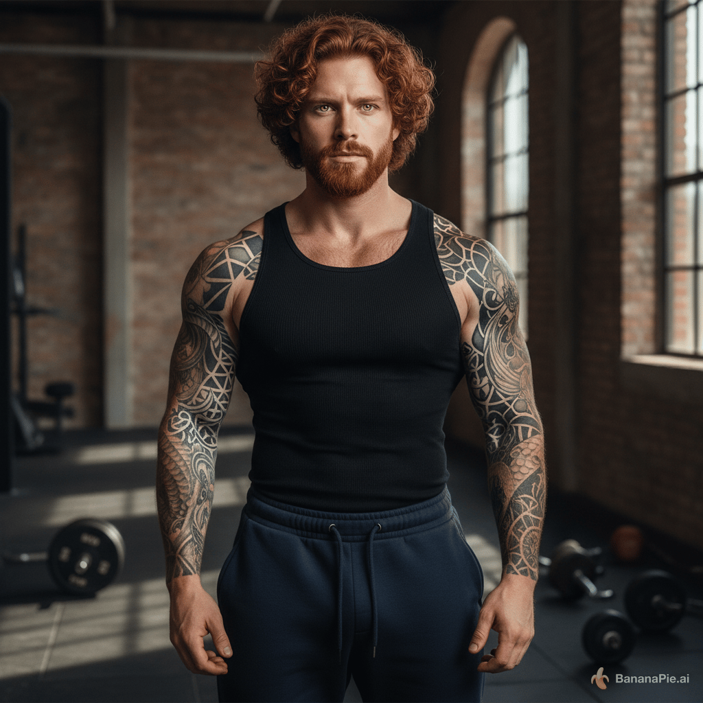 A handsome muscular man with a short trimmed beard, medium length curly red hair, golden yellow eyes, tattooed arms, wearing a tight black tank top and dark blue sweatpants