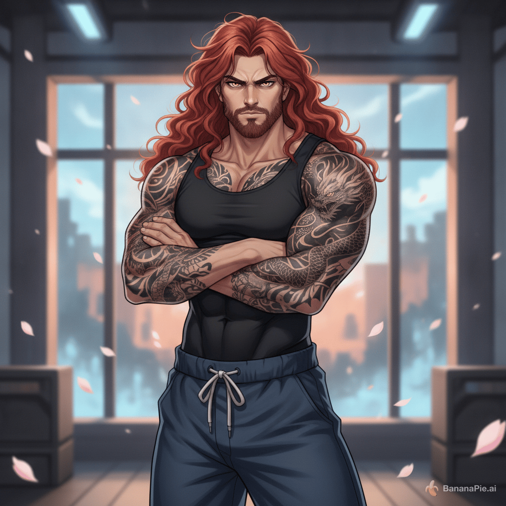 A handsome muscular anime man with a short trimmed beard, long curly red hair, golden yellow eyes, tattooed arms, wearing a tight black tank top and dark blue sweatpants