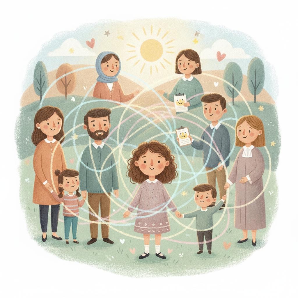 Child-friendly storybook illustration. An 11-year-old girl standing in the centre. Around her are her mum, dad, siblings, carers, psychologist, support worker and a judge. Everyone is connected by soft coloured lines showing support and care. Warm, comforting, inclusive style. The girl looks safe and supported. No empty space. No scary or formal courtroom setting. Focus on adults working together to help a child grow up safe and loved.