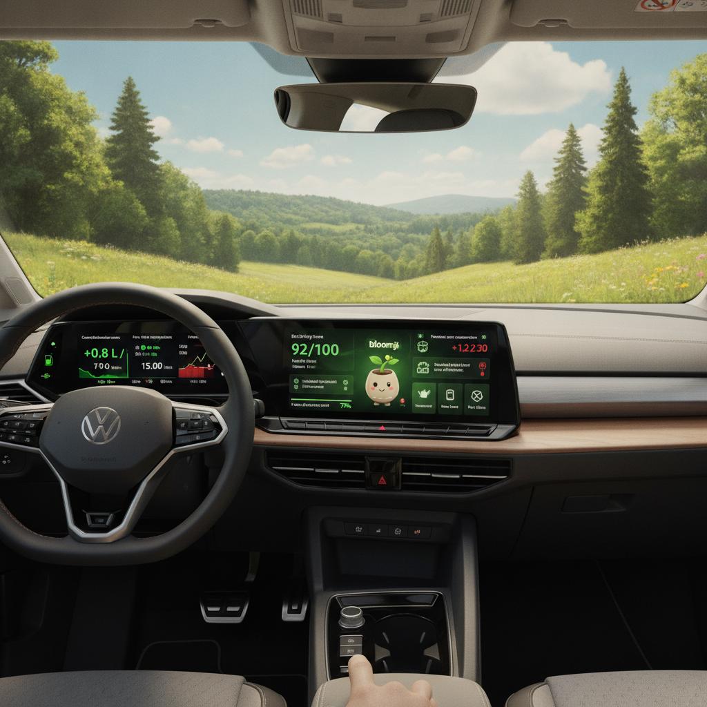 Professional Volkswagen HMI concept illustration, realistic modern electric vehicle interior with a large infotainment touchscreen and digital instrument cluster. The vehicle is driving through a beautiful natural landscape with green forests, rolling hills, trees, wildflowers, clear blue sky, sunlight and a bright sustainable environment visible through the windshield and side windows. The atmosphere is optimistic, fresh, vibrant and inspiring, not dark, gloomy or indoors.
The car interior remains realistic, premium and production-ready with authentic Volkswagen design language, realistic materials, lighting and proportions.
The central infotainment display features the Bloomji system. Replace all generic leaf icons with the official Bloomji character: a cute Tamagotchi-style plant in a flowerpot, matching the Bloomji logo design, adapted consistently throughout the interface. Bloomji is the main focus of the screen and appears alive, growing and reacting to the driver's behavior.
The interface visualizes eco-driving gamification:
- Bloomji growth stage and health status
- Eco driving score
- Sustainability achievements
- Driving tips
- Progress bar to next Bloomji evolution level
- Rewards and unlockable skins
The digital instrument cluster behind the steering wheel features a real-time eco-impact analysis system. A clear green and red visualization shows:
- Fuel saved through efficient driving
- Additional fuel consumed due to current driving behavior
- Money saved in green (€)
- Additional costs in red (€)
The system intelligently analyzes:
- current speed limit
- actual vehicle speed
- average consumption of the vehicle
- acceleration behavior
- route conditions
- driving efficiency
- nearby fuel prices
The dashboard clearly shows:
"Current behaviour saves: +0.8 L / +€1.45" in green
and
"Potential extra consumption: +1.2 L / +€2.30" in red
The displays look realistic and integrated into the vehicle UI, not like a mobile app. The driver is interacting directly with Bloomji through the vehicle touchscreen, demonstrating an intuitive in-vehicle user experience.
High-end automotive UX design, concept-car presentation quality, sustainability-focused mobility innovation, realistic rendering, bright natural lighting, modern Volkswagen design style, award-winning design presentation, highly detailed, no empty space, visually balanced composition, professional innovation project visualization.