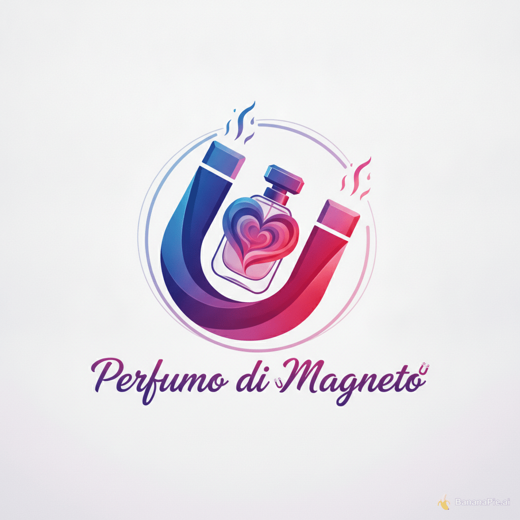 create a logo for a brand that is named perfumo di magneto because it magnetizes a loving partner make it elegant and magnet based and main colors are pink, purple, blue and red, and feel free to use color gradients and make it look like a magnet is magnetizing a perfume