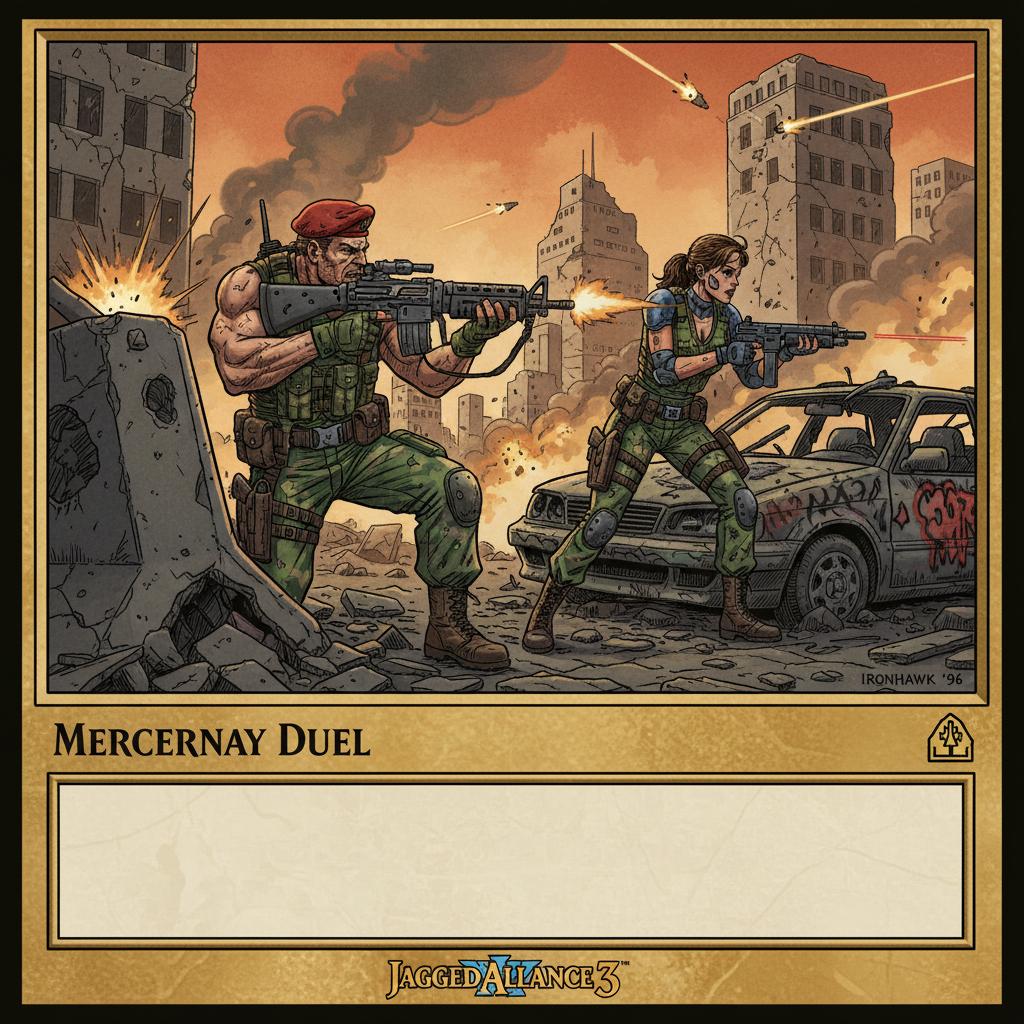 un immagine che servirà da illustrazione per una carta da gioco. devessere in stile arte carte magic anni 90, a tema jagged alliance 3 , ci devono essere 2 mercenari che si sparano da dietro delle coperure in stile urbano