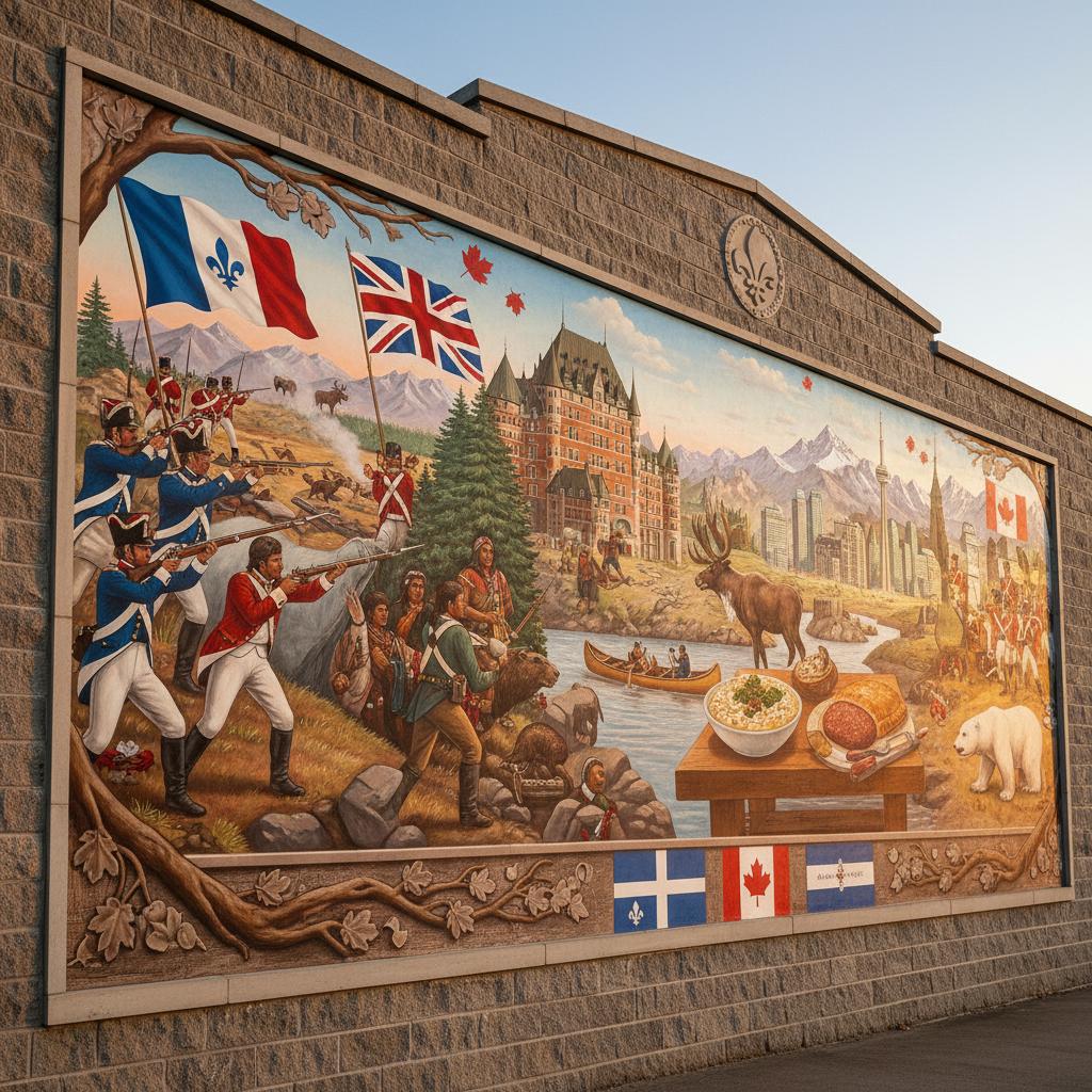 Peut-tu me faires une image qui décrit l'histoire du Cnada et Québec? (cela inclu la guerre d'indépendence, des animaux symboliques, nourritures, lieux du Canada et Québec.)