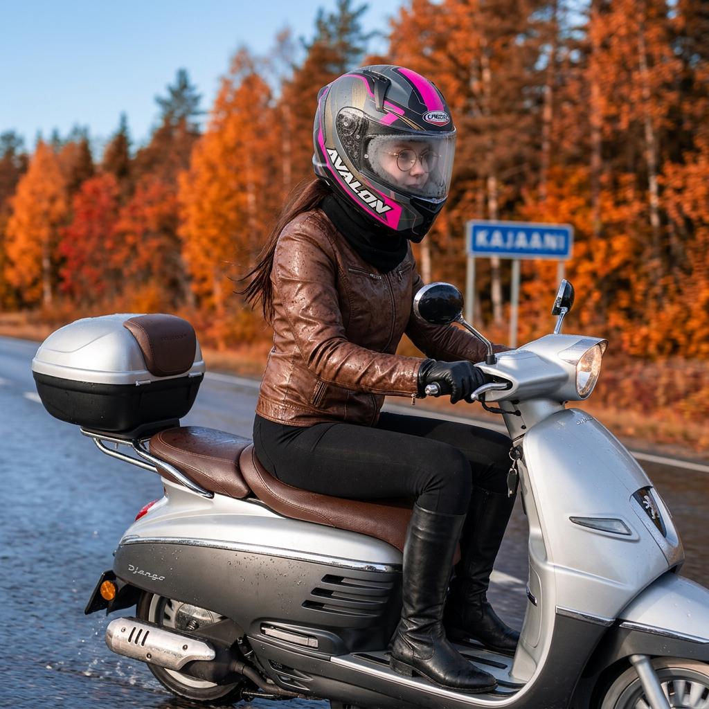 Suomalainen tyttö ajaa peugeot django skootterill @1 kajaanissa sivuteillä selkäsuorassa vauhdikkaasti eteenpäin.

Tyttö on noin 18 vuotta hän on kaunis hänellä on pitkät ruskeat hiukset ja terävät kasvonpiirteet. Hän on luonnollisen näköinen.

Hänellä on päällään ruskea tiukka nahkatakki, mustat legginssit, mustat pitkät nahkasaappaat, nahkahanskat ja kaulassa musta kaulahuivi.

Hänellä on päässään kuvien mukainen caberg avalon x @2 @3 @4 umpikypärä. Kypärän kirkas visiiri on kiinni ja tyttö katsoo söpösti visiirin läpi.

Hänellä on kypärän alla pyöreät ohutsankaiset silmälasit joissa on paksut linnsit.

Sää on syksyinen, kylmä ja aurinkoinen.

Tyttö on kastunut sateesta märäksi vaatteita ja kypärää myöten.

Visiiri on huurussa sisäpuolelta

Tee kuvasta aidon näköinen ja erittäin läheltä sivusta tyttöä.