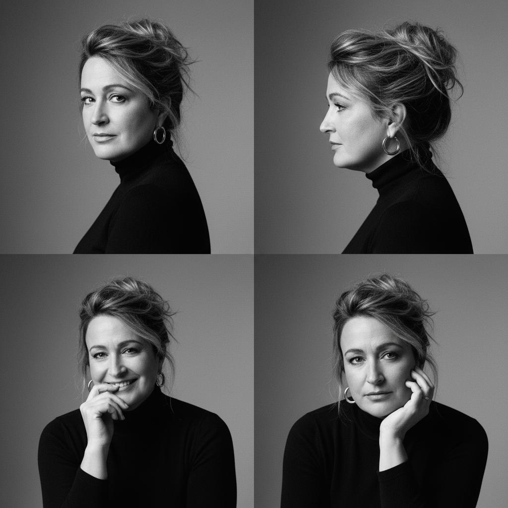 always respecting the face 100% without any variation from the original. Ultra-viral black-and-white luxury fashion casting contact sheet portrait of a striking young woman with soft freckles, expressive eyes, and natural beauty, arranged in a perfectly balanced 2×2 film contact sheet grid. Wearing a fitted black turtleneck sweater and medium-sized silver hoop earrings, with messy dark hair styled in a loose textured updo and delicate face-framing strands.
Each frame captures a different intimate portrait angle: direct eye contact over the shoulder, elegant side profile with lifted chin, playful candid smile with hand near lips, and thoughtful beauty portrait resting her face on her hand. Minimalist studio background with soft tonal gradients.
Shot on Kodak 400TX black-and-white film, cinematic fine-art fashion photography, ultra-realistic skin texture, visible freckles, subtle film grain, soft diffused lighting, shallow depth of field, high contrast monochrome tones, editorial Vogue-style beauty photography, timeless elegance, luxury modeling portfolio aesthetic, analog photography look, Leica M6, 50mm lens, professional studio portraiture, highly detailed eyes, natural makeup, museum-quality fashion imagery, masterpiece, award-winning photography, ultra-sharp focus.