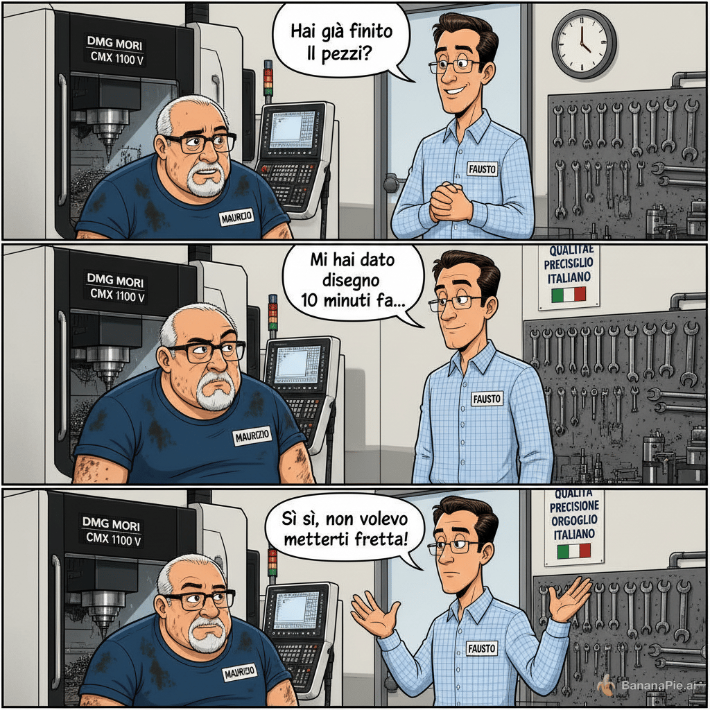 2D cartoon comic strip THREE PANELS vertical, 
flat illustration style, bold black outlines, 
white background, Italian workshop humor.
Same Nano Banana style as previous generations.

PANEL 1 TOP:
Fausto standing at workshop door, confident smile, 
hands clasped together.
Speech bubble FAUSTO: "Hai già finito i pezzi?"

PANEL 2 MIDDLE:
Maurizio at CNC keyboard, stops typing, 
turns slowly toward Fausto, 
extremely calm but deadly serious expression,
one eyebrow raised.
Speech bubble MAURIZIO: "Mi hai dato 
il disegno 10 minuti fa..."

PANEL 3 BOTTOM:
Fausto nervous forced smile, both hands raised, 
big sweat drop on forehead, 
slightly stepping back.
Speech bubble FAUSTO: "Sì sì, non volevo 
metterti fretta!"

Characters always:
MAURIZIO - stocky muscular, white goatee, 
thick glasses, blue dirty work t-shirt, 
name tag "MAURIZIO", oil stains
FAUSTO - tall slim, thin glasses, 
clean light blue checkered shirt, 
name tag "FAUSTO", perfectly clean shoes

Background: CNC workshop, DMG MORI machine,
technical drawing on desk, clock on wall,
metal chips on floor near Maurizio.

Style: Nano Banana, comic strip, 
merchandising ready, bold clean colors.