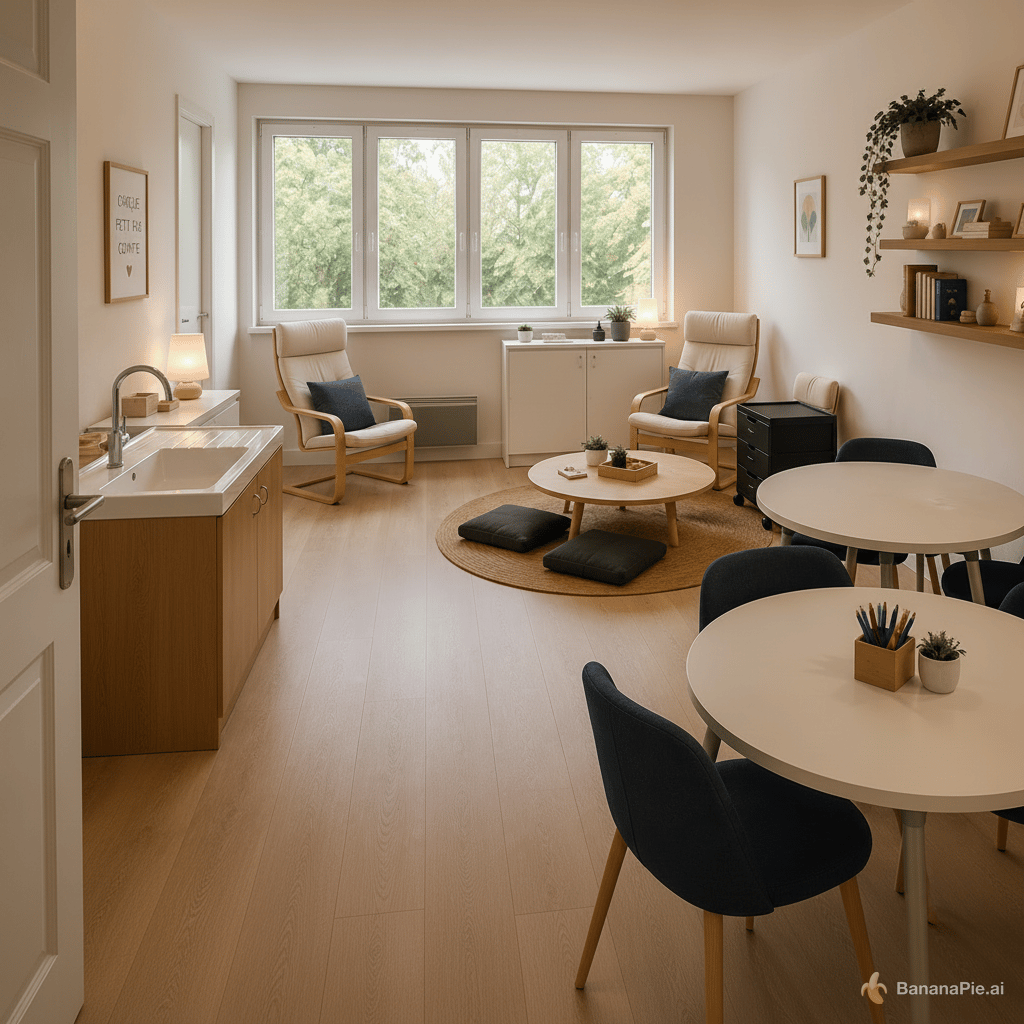 La pièce est moins profonde. Le meuble lavabo est à gauche à la place de la porte du fond, le caisson à roulette est derriere les tables rondes blanches, la bilbiotheque est à cote du petit fauteuil, la commode qui est sous la fenetre est en realité à coté de l’autre sur le mur de gauche.