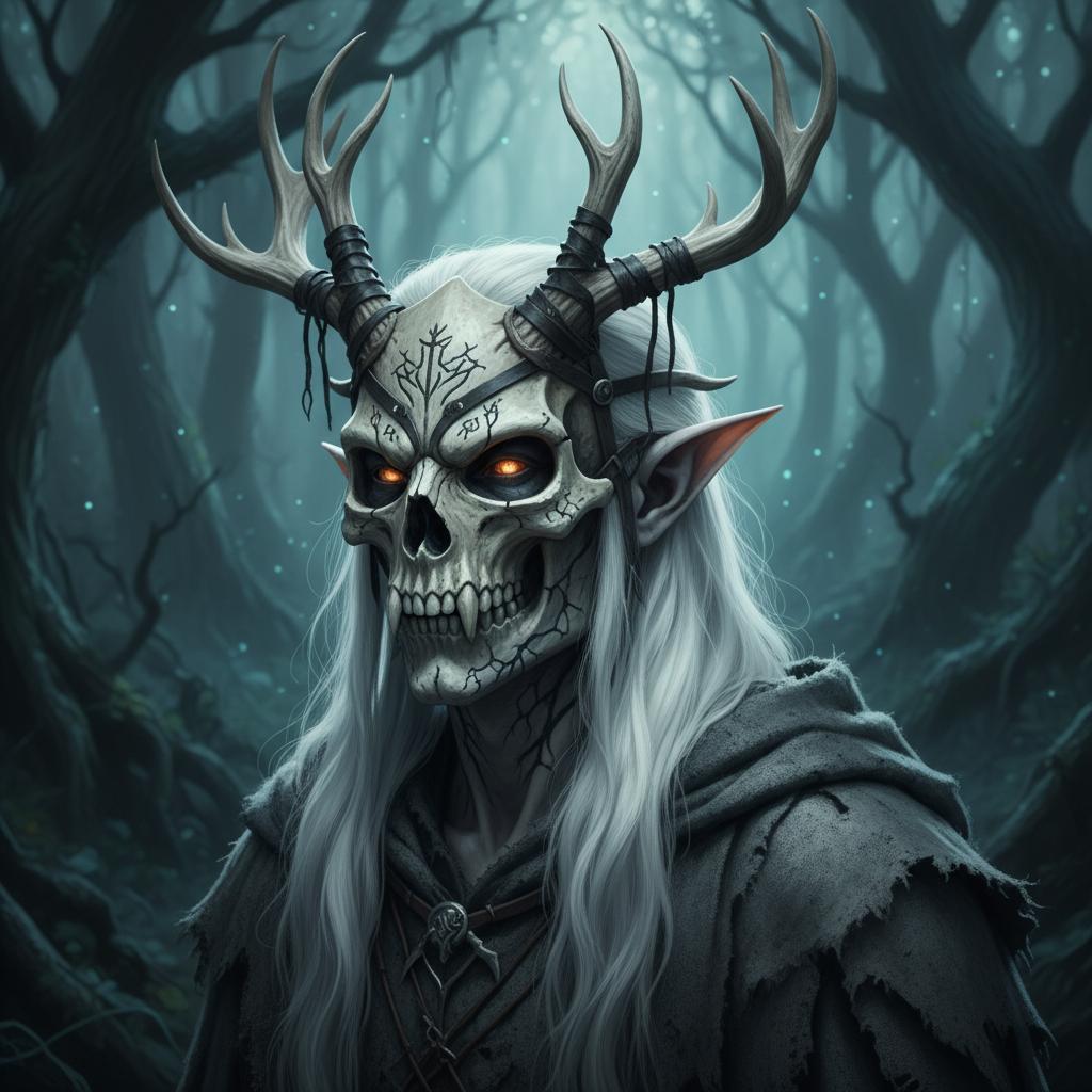 Elf with wite hair,wite skin,dark vains,amber eyes,a skul mask with antlers.