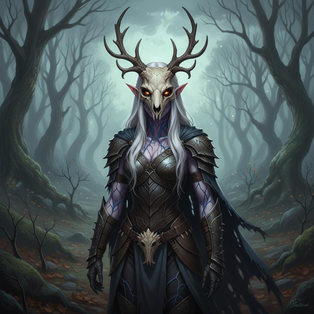 Elf woman with wite hair,wite skin,dark vains,amber eyes,a skul mask with antlers.