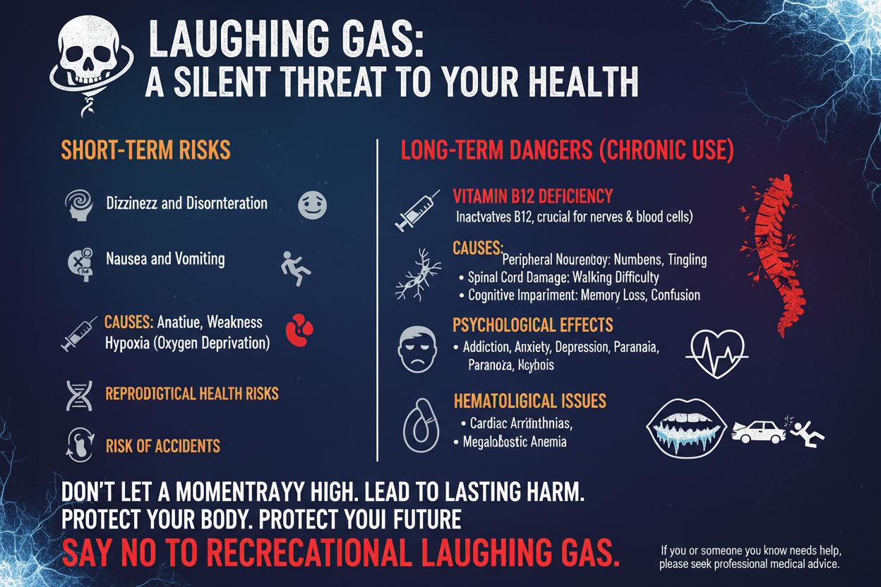 good poster saying why laughing gas is bad for your body and the causes mention every causes as possible