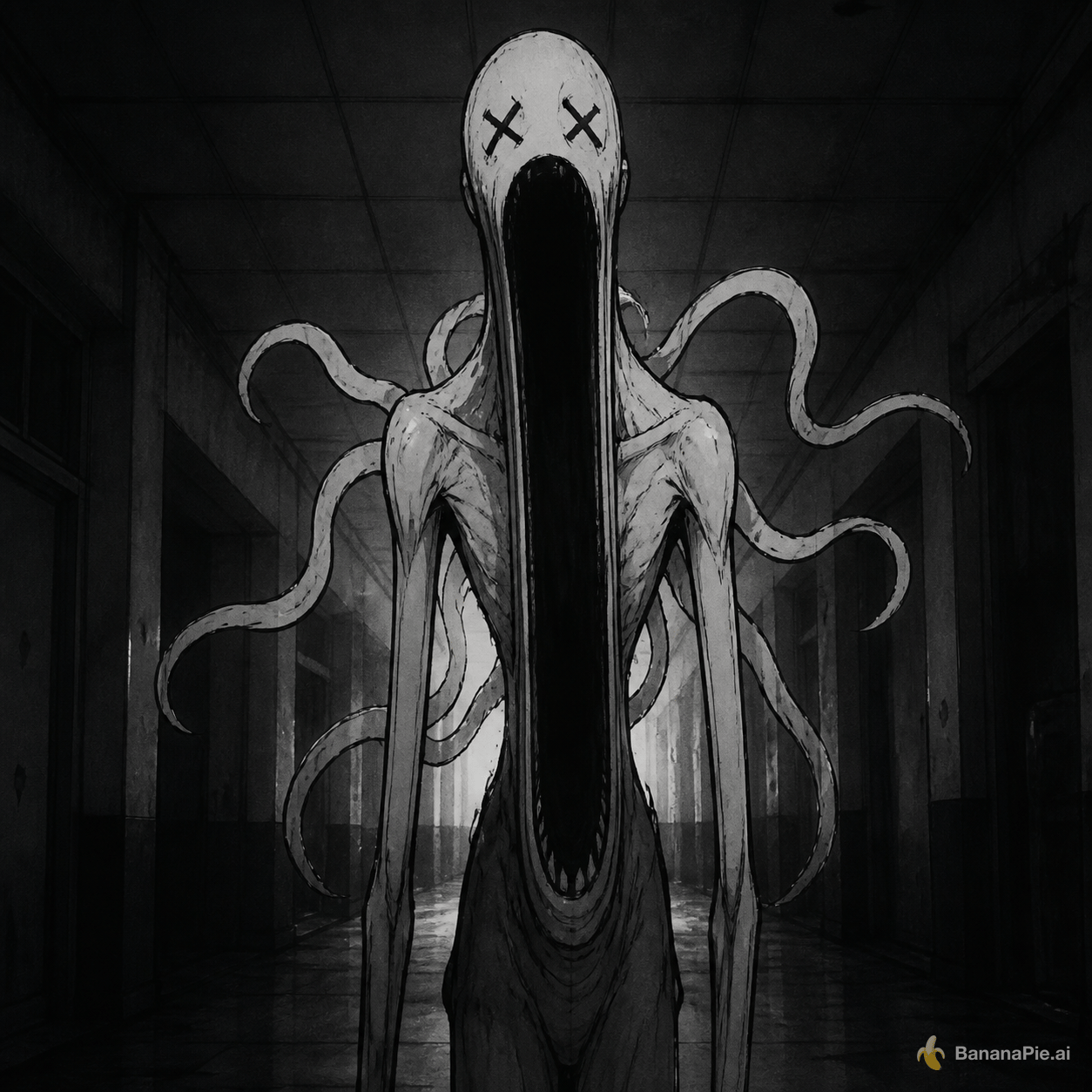 Tall anime ink skin in a hall looking at you mouth open impossiblely wide x eyes